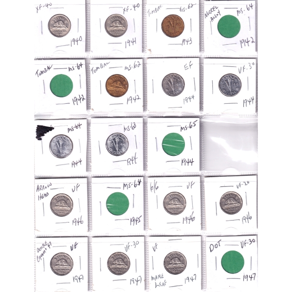 5-cent 1940-1970 Bulk Collection in 4 20-Pocket Sheets. 36pcs.