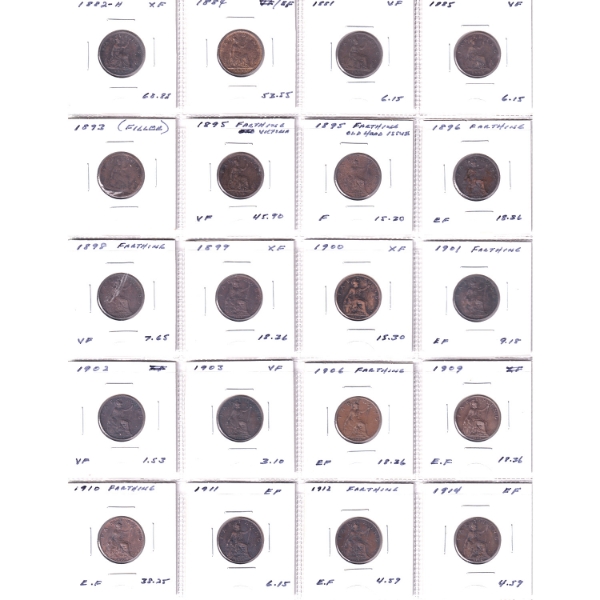 Bulk Collection Great Britain 1831-1956 Farthings F to UNC in 20-Pocket Sheets. 60pcs.