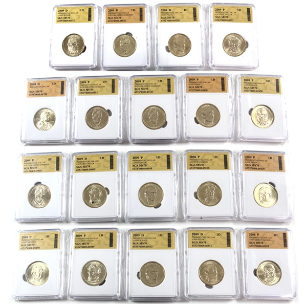 Bulk Lot of USA 2008-2009 Presidential & Sacagawea Dollars SGS Certified MS70. 19pcs. 