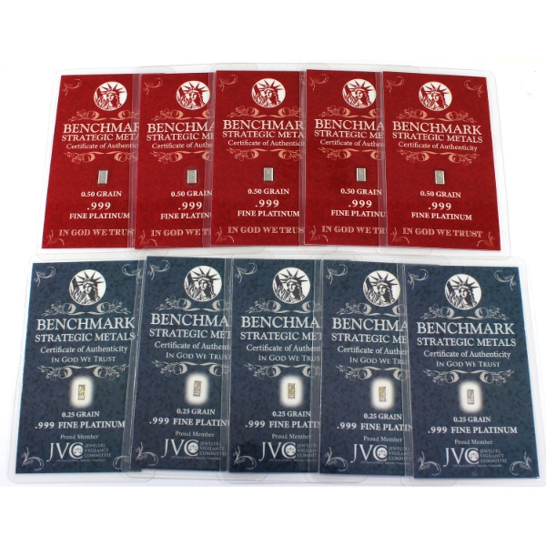 2.75 Grain Lot Total Benchmark Strategic Metals .999 Fine Platinum Bars in Card Holders. 10pcs. 