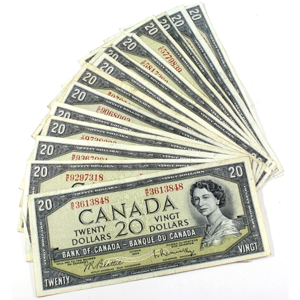 Bulk Lot of 1954 $20 Banknotes in Average Condition. 14pcs.