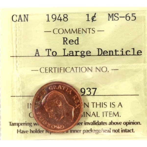 1-cent 1948 A to Large Denticle ICCS MS65 Red