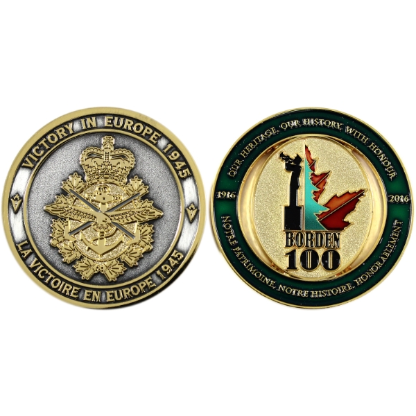 1916-2016 Borden 100 CFB Borden 100th Anniversary Enamel & 1945-2020 Victory In Europe Gilded Medals