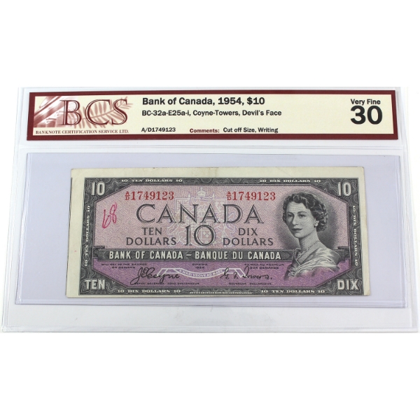 ERROR BC-32a-E25a-i 1954 $10 Devil's Face Cut Off Size BCS VF30 Coyne-Towers SN: A/D1749123