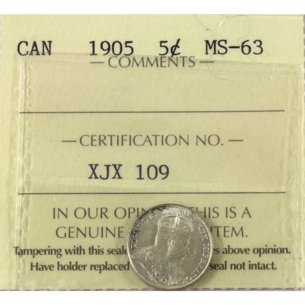 5-cent 1905 Wide Date ICCS MS63