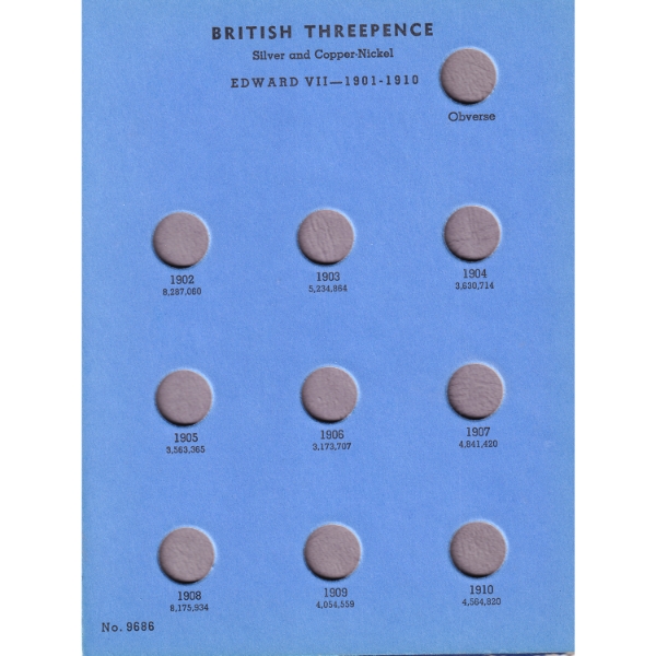 Great Britain 1902-1945 Threepence Silver Collection in Blue Whitman Album. 25pcs.