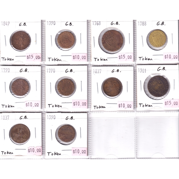 Bulk Lot of 1701-1837 Great Britain Tokens in 12-Pocket Sheet. 10pcs.