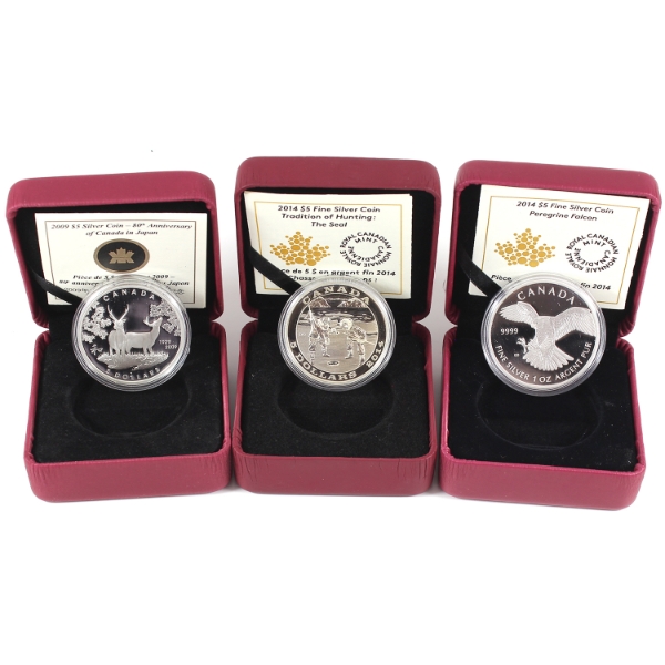 Group Lot of 2009 & 2014 Assorted $5 Silver Coins. 3pcs