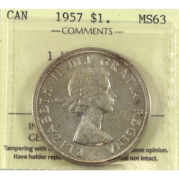 Silver $1 1957 1 Waterline ICCS MS63