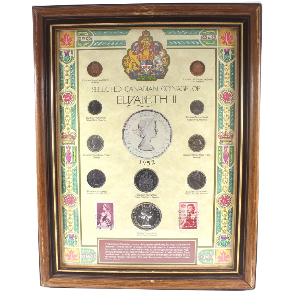 Selected Canadian Coinage of Elizabeth II 10-Coin Set w/ 2 Stamps in Wooden Frame