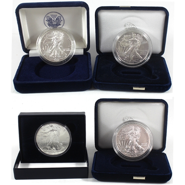 USA Silver 2002-2019 Silver Eagles 1oz .999 Fine Silver Coins. 4pcs.
