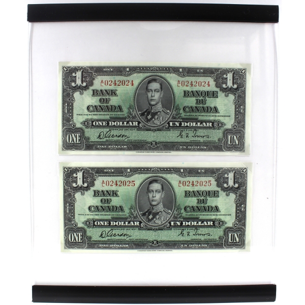 BC-21c 1937 $1 Consecutive CUNC Gordon-Towers SN: A/L0242024-"25 in Acrylic Display Board. 2pcs