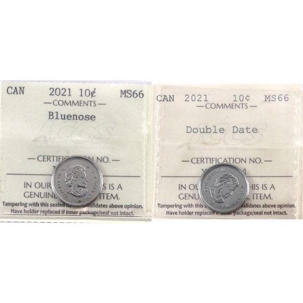 10-cent 2021 Double Date & Bluenose ICCS MS66. 2pcs