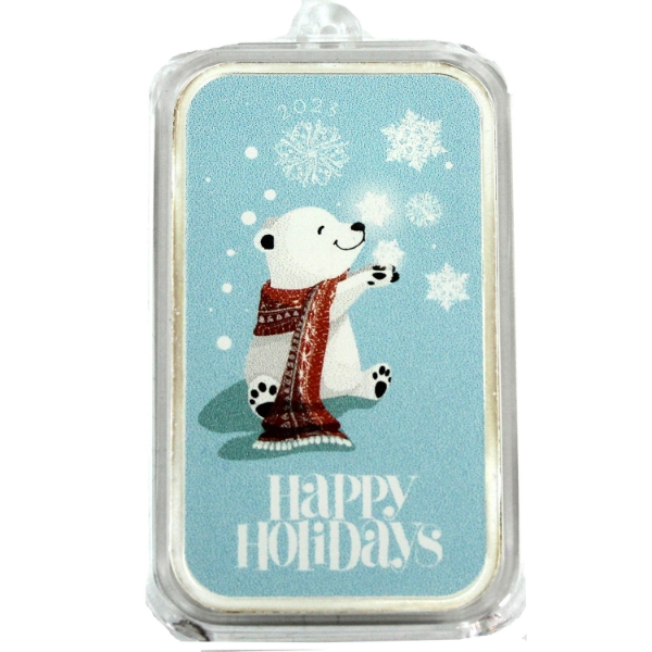 1oz APMEX 2023 Colourized Polar Bear "Happy Holidays" Ornament .999 Fine Silver Bar (Tax Exempt)