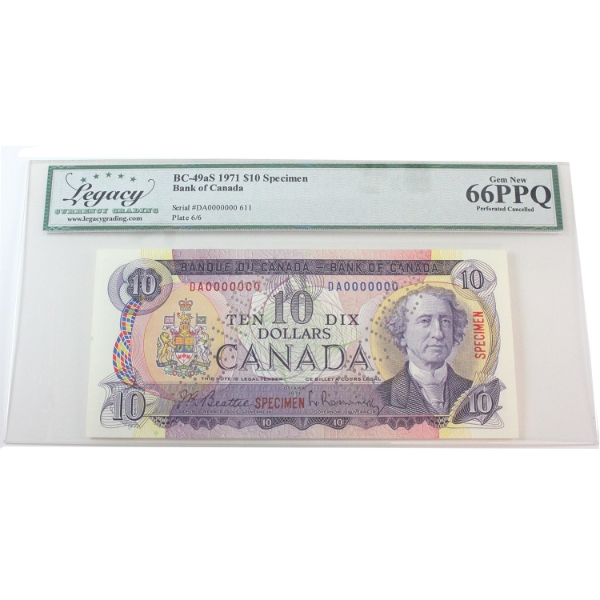 BC-49aS 1971 $10 Specimen Legacy GEM UNC66 PPQ Beattie-Rasminsky SN: DA0000000 611 