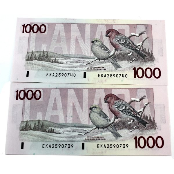 BC-61b 1988 $1000 Consecutive UNC or Better Bonin-Thiessen SN:EKA2590739-"40. 2pcs.