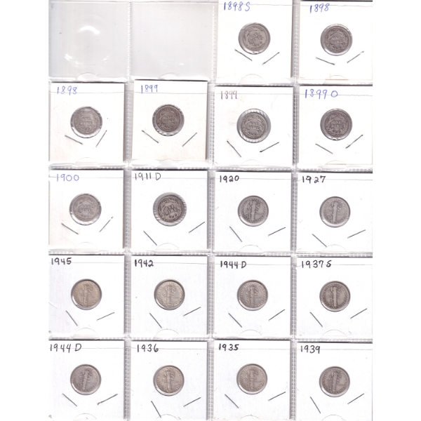 Bulk Lot of USA Dimes 1898-1994P in 20-Pocket Sheets. 58pcs.