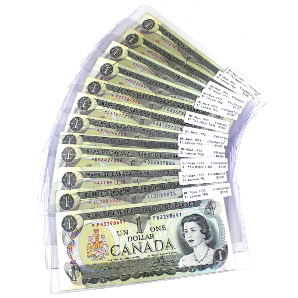 Bulk Lot of BC-46aA 1973 $1 circ. Lawson-Bouey Replacement Notes. 12pcs.