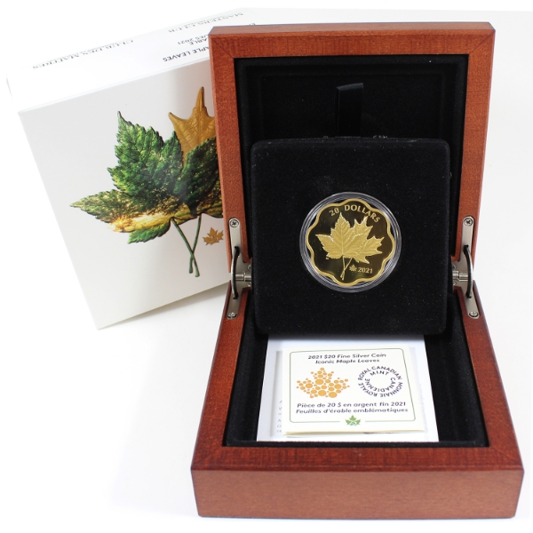 2021 $20 Iconic Maple Leaves Gold Plated 26.51g .9999 Fine Silver Coin (Tax Exempt)