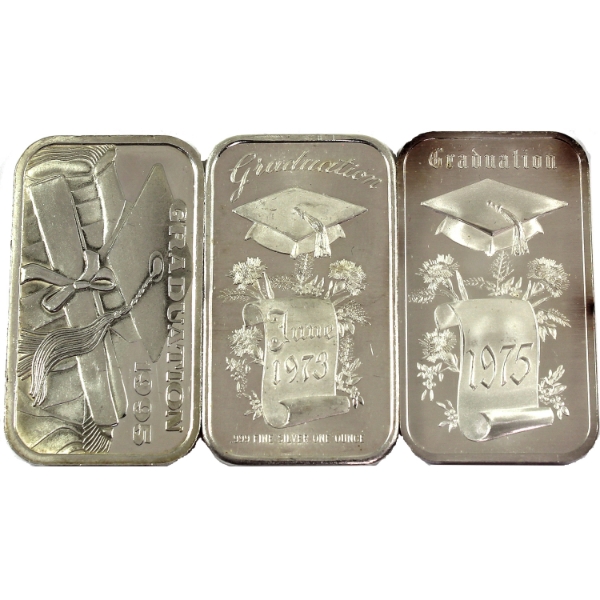 3x 1oz Assorted Refiners Vintage Graduation Most Unbranded .999 Silver Art Bars. 3pcs. (Tax Exempt)