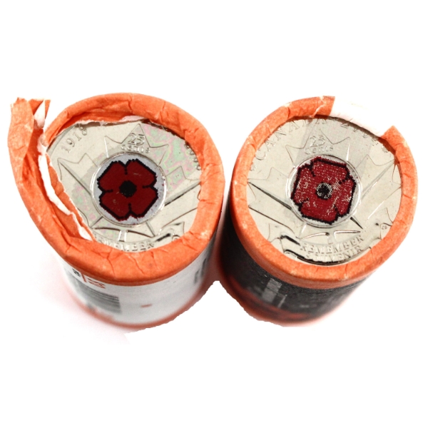 25-cent 2004 Poppy & 2008 Poppy Coloured Original Rolls of 40pcs. 2 rolls