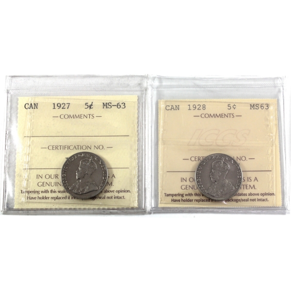 5-cent 1927 & 1928 ICCS MS63. 2pcs.