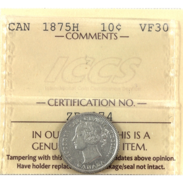 10-cent 1875H ICCS VF30