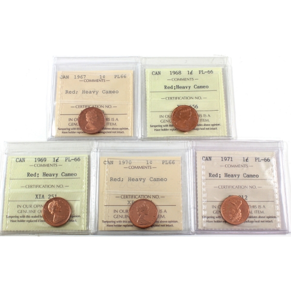 1-cent 1967, 1968, 1969, 1970, & 1971 ICCS PL66 Red HC. 5pcs.