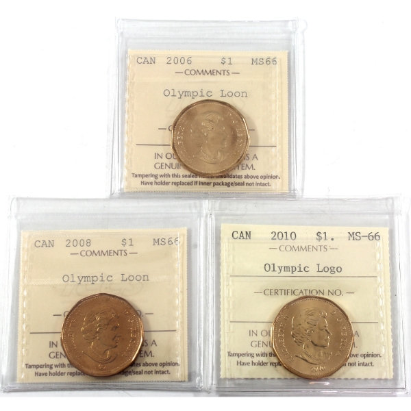 Group Lot of Loon $1 2006, 2008, & 2010 Olympics ICCS MS66. 3pcs.
