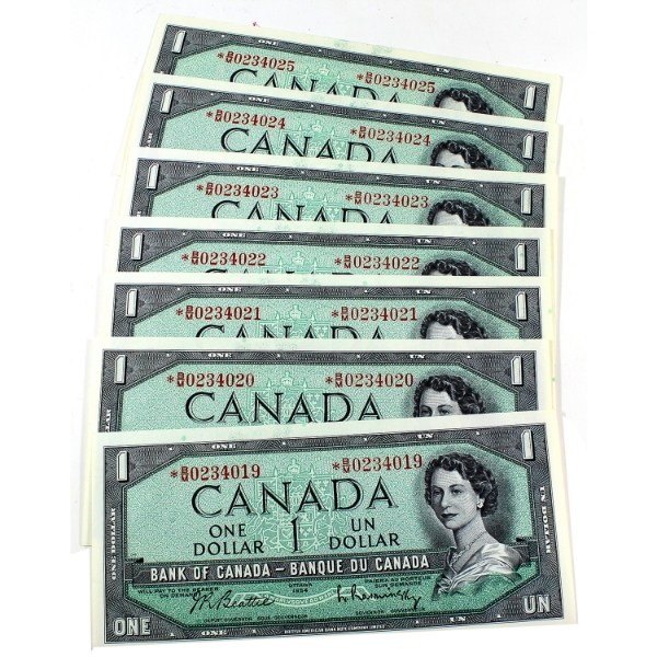 BC-37bA-i 1954 $1 *B/M Consecutive   Beattie-Rasminsky SN: *B/M0234019-25. 7pcs.