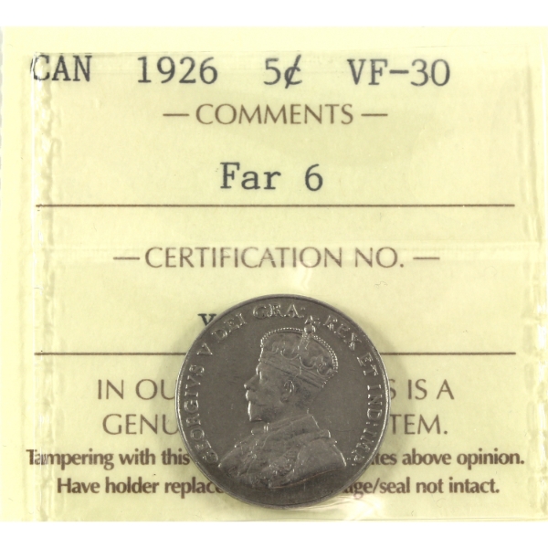 5-cent 1926 Far 6 ICCS VF30
