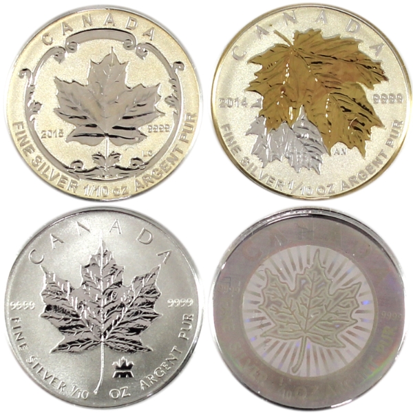 Group Lot of 2003-2015 $2 1/10oz Maple Leaf .9999 Fine Silver Coins. 4pcs. (Tax Exempt)