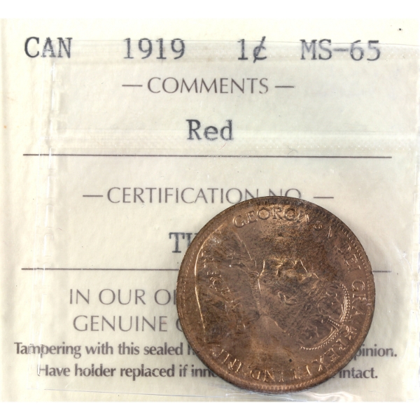 1-cent 1919 ICCS MS65 Red
