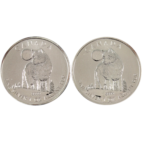 2x 1oz 2011 $5 Wildlife Series- Wolf .9999 Fine Silver Rounds. 2pcs (Tax Exempt)