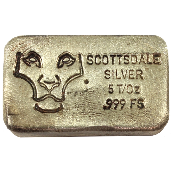 5oz Scottsdale Silver .999 Fine Silver Poured Bar. (Tax Exempt)
