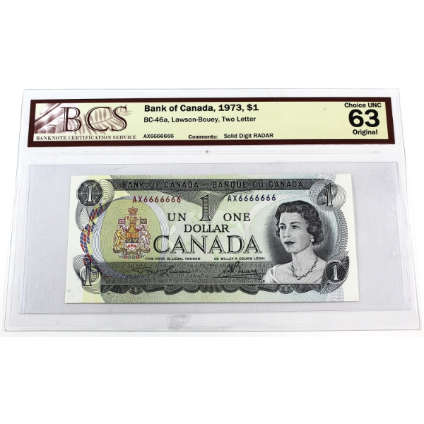 RADAR BC-46a 1973 $1 Two Letter Solid 6's AX6666666 BCS CUNC63 Original Lawson-Bouey