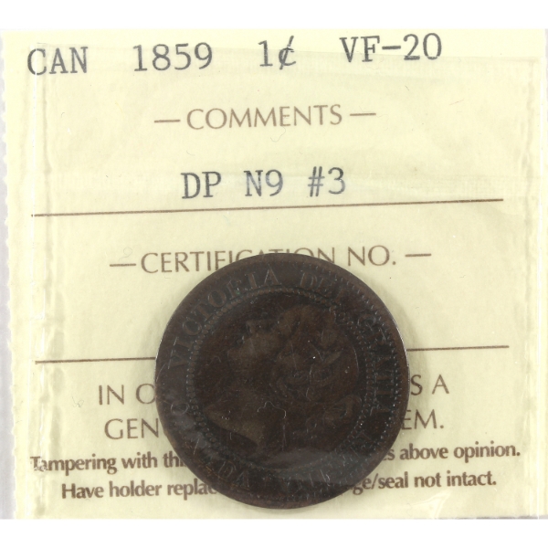 1-cent 1859 DP N9 #3 ICCS VF20