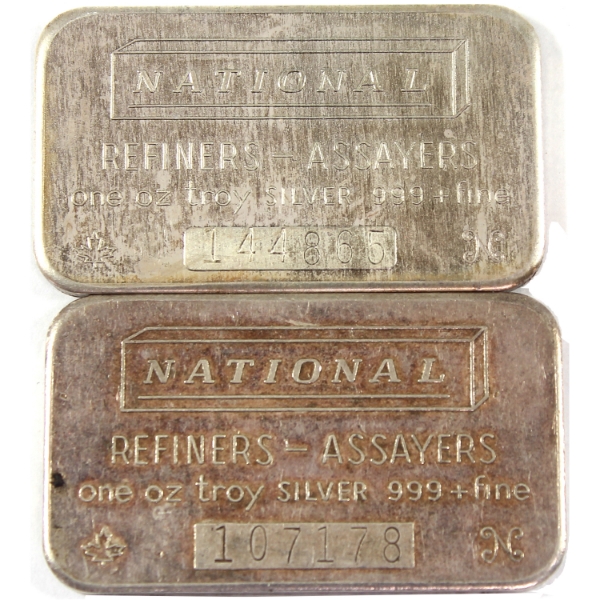 2x 1oz National Refiners Vintage .999+ Silver Bars. 2pcs. (Tax Exempt)