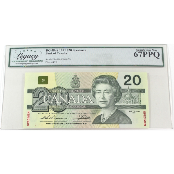 BC-58aS 1991 $20 SPECIMEN Legacy Superb GEM UNC67 PPQ Thiessen-Crow SN: EIA0000000 0704