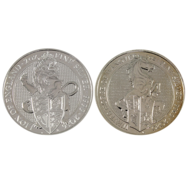 2x 2oz Great Britain 2016 & 2020 5 Pounds The Queen's Beasts .9999 Fine Silver Rounds. 2pcs.