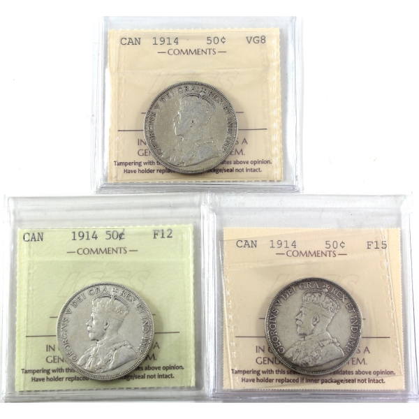 50-cent 1914 ICCS VG8, F12 & F15. 3pcs.