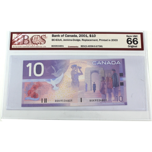 BC-63cA 2001 $10 BEK Replacement BCS GEM UNC66 Original Jenkins-Dodge, Printed 2003 SN: BEK9534801