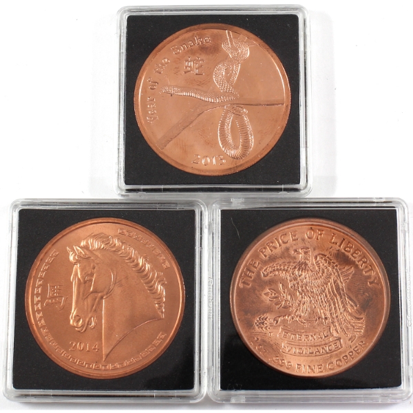 3x 1oz Assorted .999 Fine Copper Rounds. 3pcs.