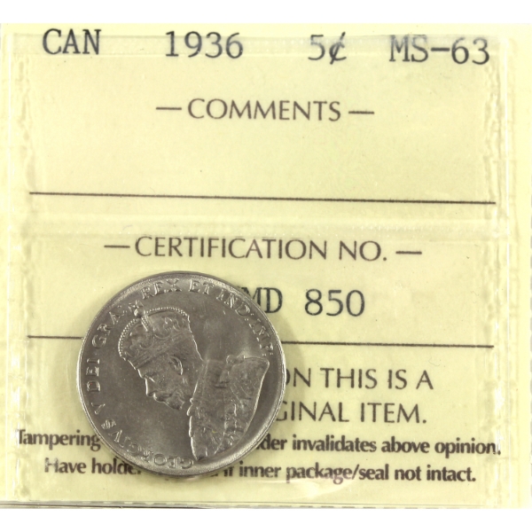 5-cent 1936 ICCS MS63