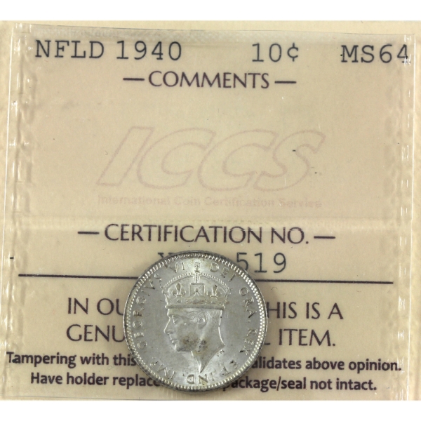 Newfoundland 10-cent 1940 ICCS MS64