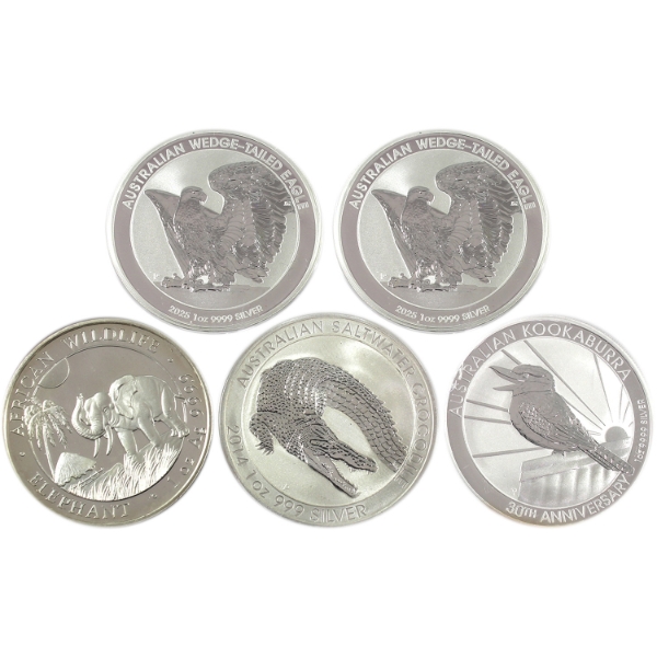 5x 1oz World 2014-2025 Assorted .999 Fine Silver Coins. 5pcs (Tax Exempt)