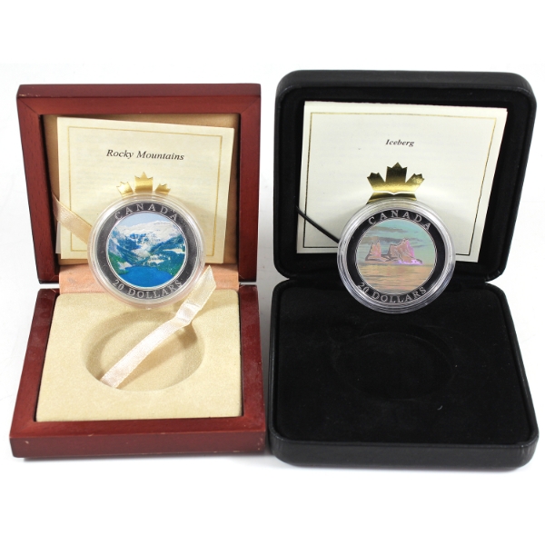 $20 Natural Wonders 2003- Canadian Rockies & 2004 Iceberg Hologram 1oz .9999 Fine Silver Coins. 2pcs