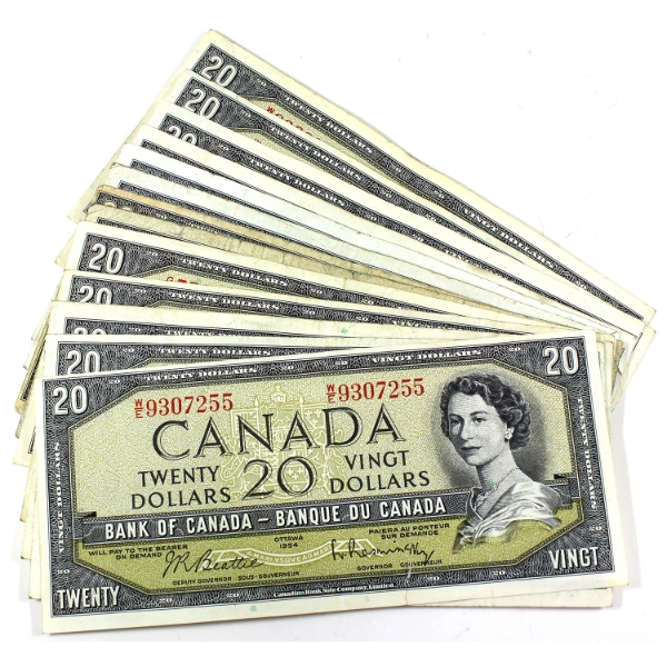 Bulk Lot of 1954 $20 Banknotes in Average Condition. 14pcs.