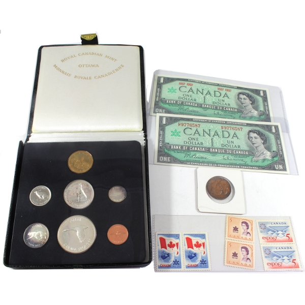 Group Lot of 1967 Proof Set w/ Both 1967 $1 Notes, 1927 Medallion & 6x 1967 Postage Stamps.