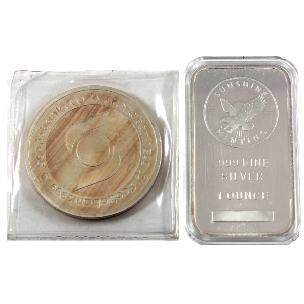 2x 1oz Sunshine Mint Bar & Scotiabank Round .999 Fine Silver. 2pcs. (Tax Exempt)